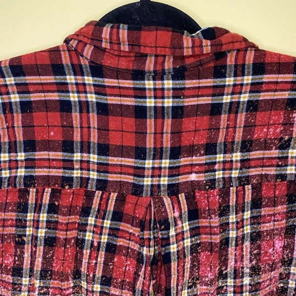 Hand Bleached DIY Custom Made Red Black Plaid Button Down Flannel Women’s - Picture 5 of 8